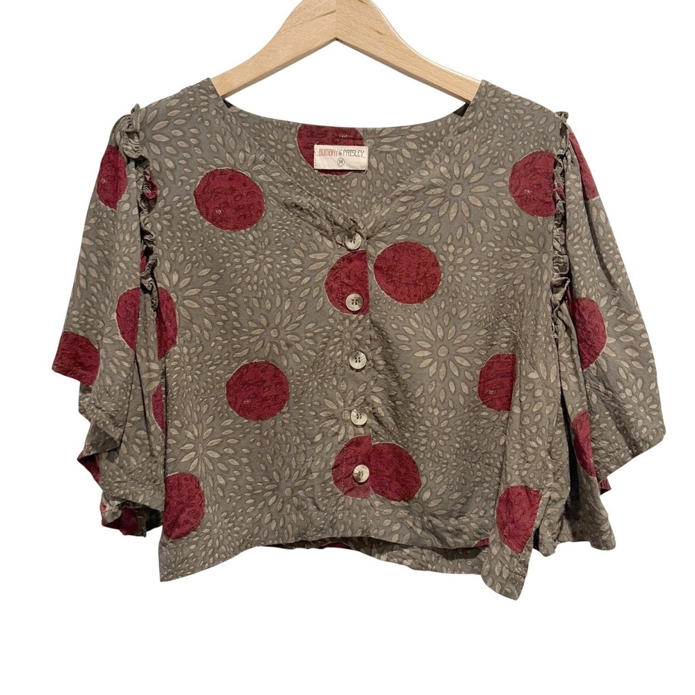 Bombay & Paisley Polka Dot Women M Brown Red Blouse Cropped Boxy Flutter Sleeve